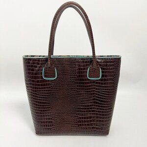Citrus Vintage Croc Embossed Leather Tote Bag Brown Teal Trim